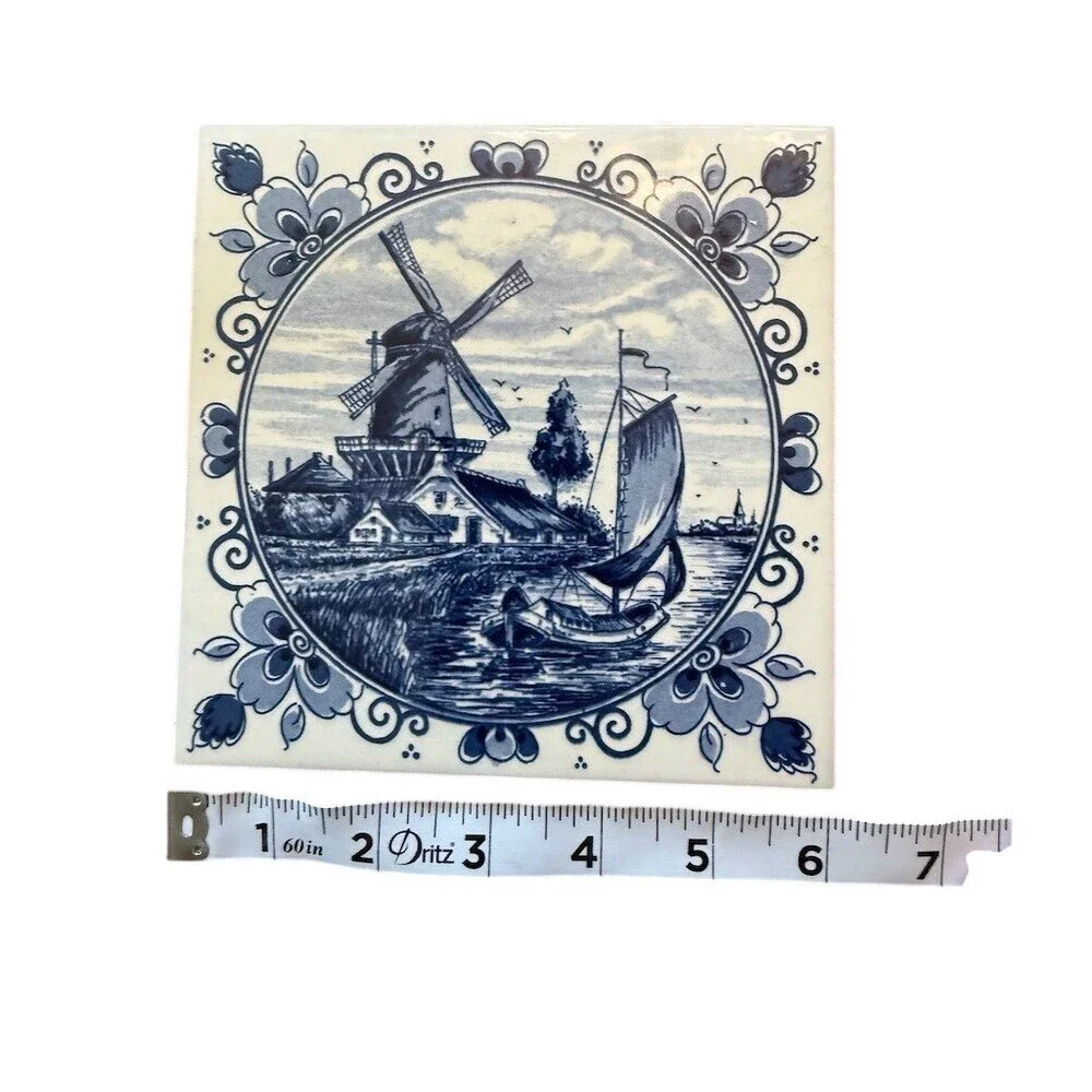 Delfts Blauw Delft Blue Windmill Sailboat Decorative Tile Trivet 6in - Picture 3 of 6